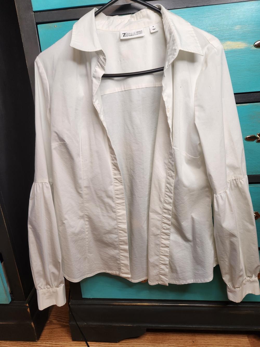New York & Company White Open-Front Balloon Sleeve Blouse